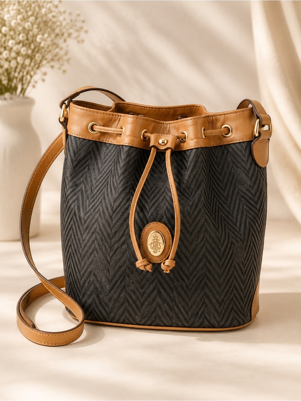 Mark Cross Tan Black Bucket Bag Drawstring Crossbody Leather Trim Luxury Purse